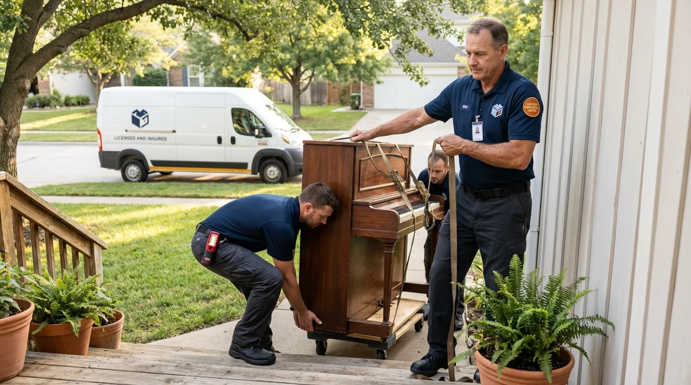 Licensed piano movers securing grand piano in Cocoa, FL