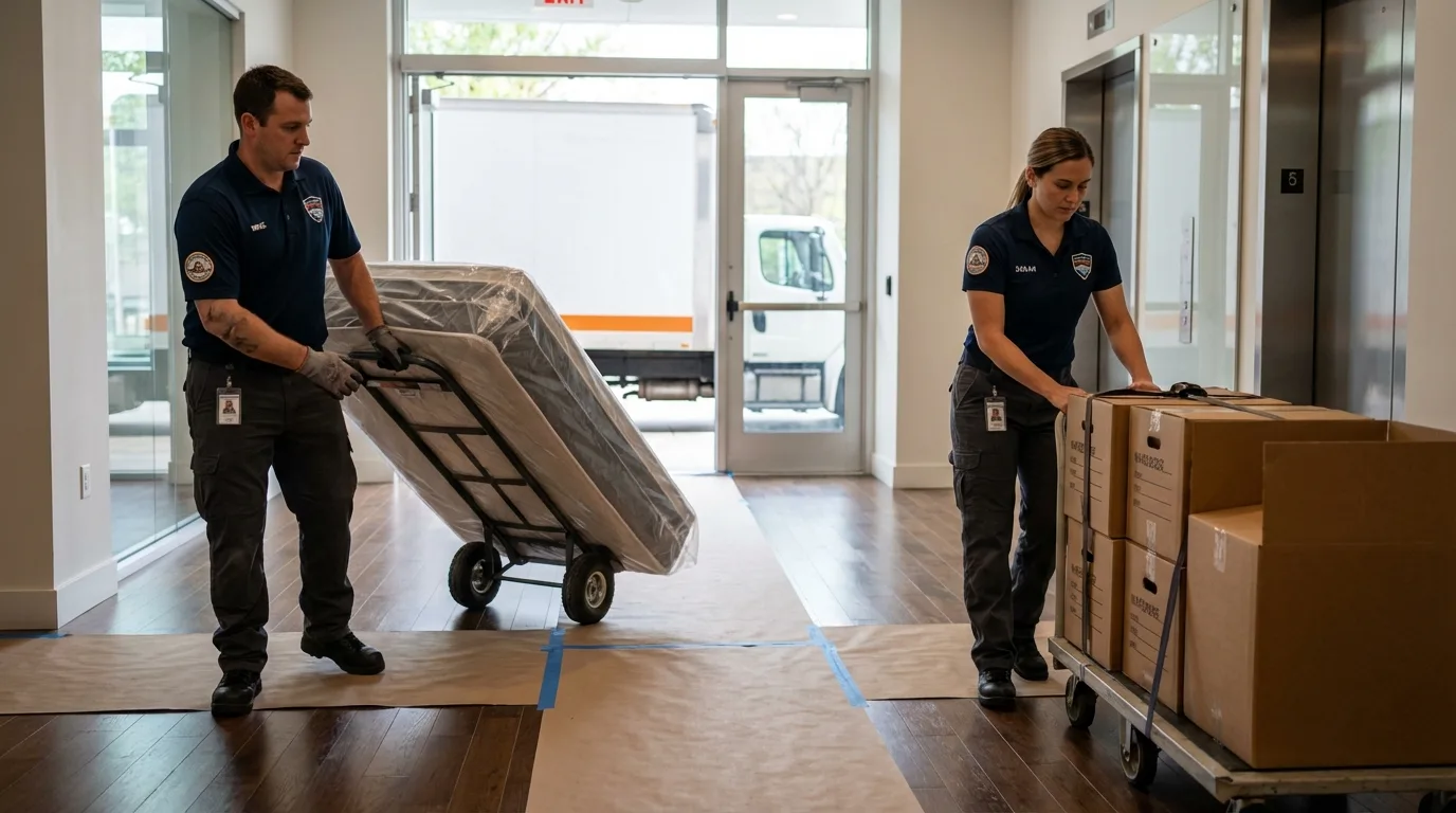 Professional apartment movers loading elevator in Cocoa, FL
